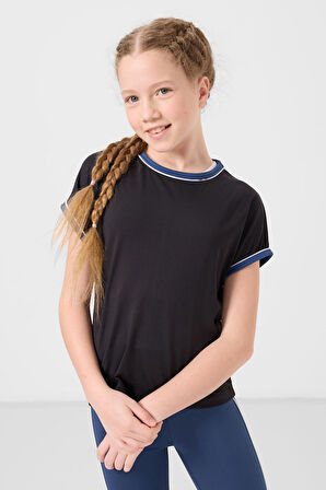 Siyah-Parlament O Yaka Yan Şerit Detaylı Standart Fit Performans Kız Çocuk Tayt Takım - 75191