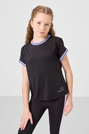 Siyah O Yaka Yan Şerit Detaylı Standart Fit Performans Kız Çocuk Tayt Takım - 75191