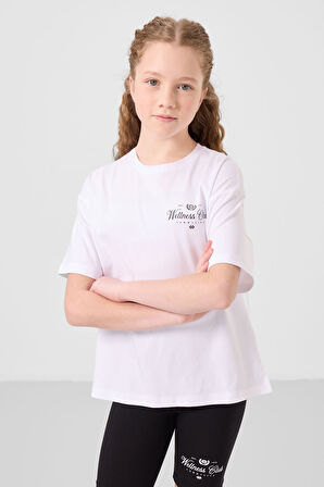 Beyaz-Siyah Pamuklu O Yaka Standart Fit Baskılı Kız Çocuk Tayt Takım - 75190