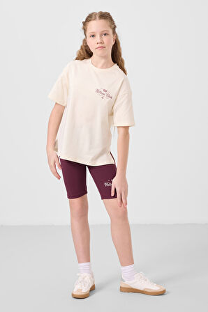 Ekru-Bordo Pamuklu O Yaka Standart Fit Baskılı Kız Çocuk Tayt Takım - 75190