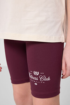 Ekru-Bordo Pamuklu O Yaka Standart Fit Baskılı Kız Çocuk Tayt Takım - 75190