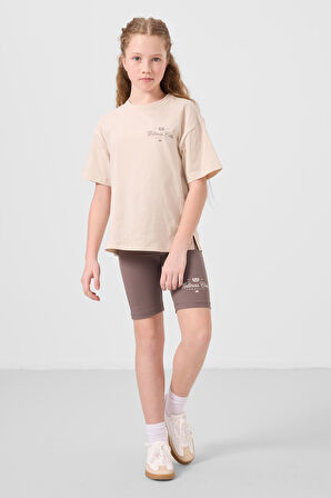Bej-Kahverengi Pamuklu O Yaka Standart Fit Baskılı Kız Çocuk Tayt Takım - 75190