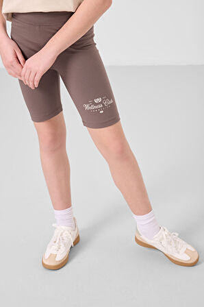 Bej-Kahverengi Pamuklu O Yaka Standart Fit Baskılı Kız Çocuk Tayt Takım - 75190