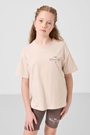 Bej-Kahverengi Pamuklu O Yaka Standart Fit Baskılı Kız Çocuk Tayt Takım - 75190