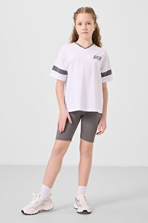 Beyaz-Koy u Gri V Yaka Kemer Detaylı Standart Fit Performans Kız Çocuk Tayt Takım - 75187