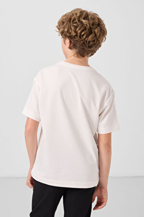 Ekru Pamuklu Yumuşak Dokulu Oversize Baskılı Erkek Çocuk T-Shirt - 11285