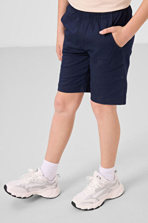 Bej-Lacivert Pamuklu Oversize Fit Dokuma Hafif Esnek Chino Erkek Çocuk Şort Takım - 11277