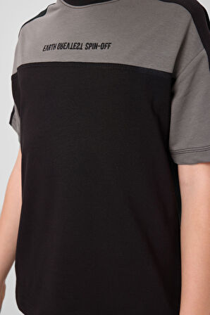 Siyah Pamuklu Yumuşak Dokulu Oversize Fit Baskılı Erkek Çocuk T-Shirt - 11290