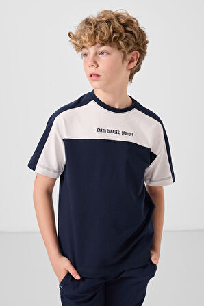 Lacivert Pamuklu Yumuşak Dokulu Oversize Fit Baskılı Erkek Çocuk T-Shirt - 11290