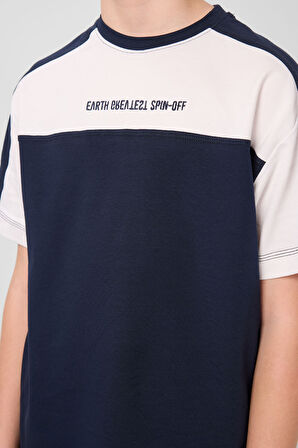 Lacivert Pamuklu Yumuşak Dokulu Oversize Fit Baskılı Erkek Çocuk T-Shirt - 11290