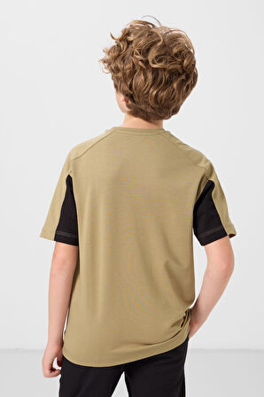 Koyu Bej Pamuklu Yumuşak Dokulu Oversize Fit Baskılı Erkek Çocuk T-Shirt - 11290