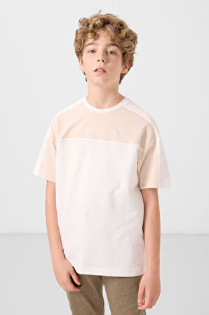 Ekru Pamuklu Yumuşak Dokulu Oversize Fit Baskılı Erkek Çocuk T-Shirt - 11290
