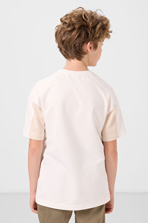 Ekru Pamuklu Yumuşak Dokulu Oversize Fit Baskılı Erkek Çocuk T-Shirt - 11290