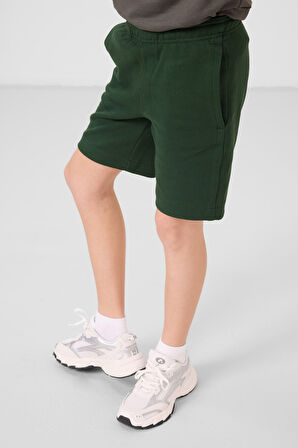 Çam Yeşili Pamuklu Yumuşak Dokulu Standart Fit Basic Erkek Çocuk Şort - 11293