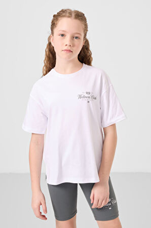 Beyaz-Haki Pamuklu O Yaka Standart Fit Baskılı Kız Çocuk Tayt Takım - 75190