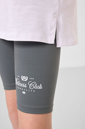 Beyaz-Haki Pamuklu O Yaka Standart Fit Baskılı Kız Çocuk Tayt Takım - 75190