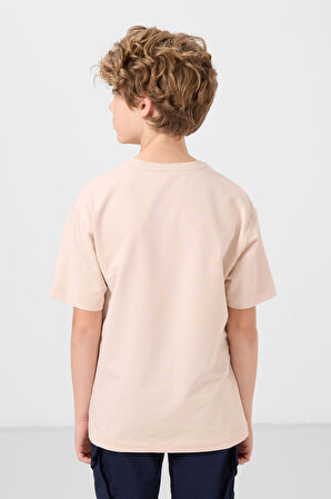 Bej Pamuklu Yumuşak Dokulu Oversize Basic Erkek Çocuk T-Shirt - 11297