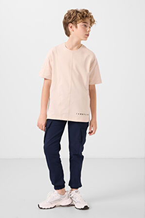 Bej Pamuklu Yumuşak Dokulu Oversize Basic Erkek Çocuk T-Shirt - 11297