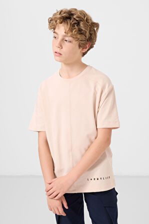 Bej Pamuklu Yumuşak Dokulu Oversize Basic Erkek Çocuk T-Shirt - 11297