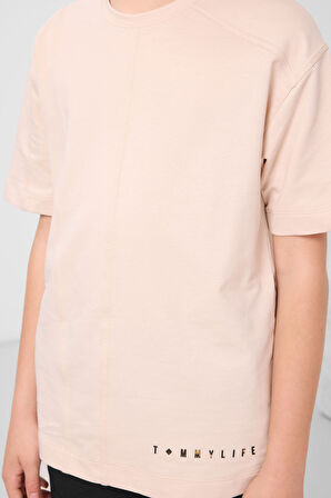 Bej Pamuklu Yumuşak Dokulu Oversize Basic Erkek Çocuk T-Shirt - 11297
