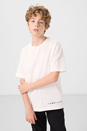 Ekru Pamuklu Yumuşak Dokulu Oversize Basic Erkek Çocuk T-Shirt - 11297