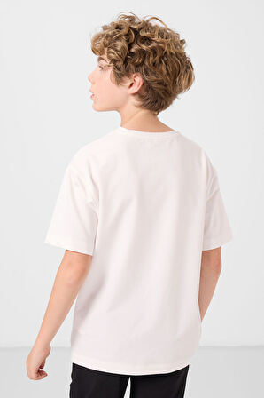 Ekru Pamuklu Yumuşak Dokulu Oversize Basic Erkek Çocuk T-Shirt - 11297