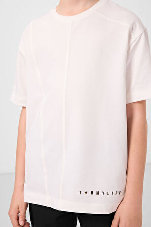 Ekru Pamuklu Yumuşak Dokulu Oversize Basic Erkek Çocuk T-Shirt - 11297