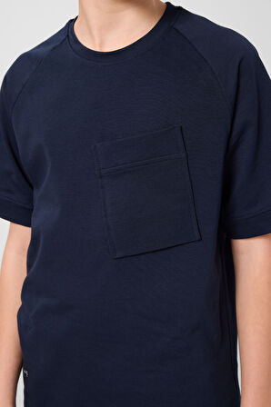 Lacivert Pamuklu Yumuşak Dokulu Oversize Cep Detaylı Erkek Çocuk T-Shirt - 11295