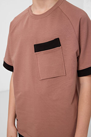 Tarçın Pamuklu Yumuşak Dokulu Oversize Cep Detaylı Erkek Çocuk T-Shirt - 11295