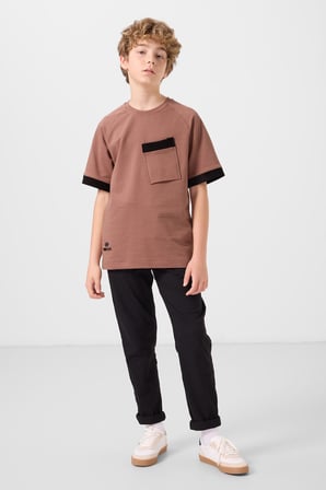 Tarçın Pamuklu Yumuşak Dokulu Oversize Cep Detaylı Erkek Çocuk T-Shirt - 11295