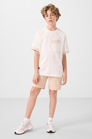 Ekru Pamuklu Yumuşak Dokulu Oversize Cep Detaylı Erkek Çocuk T-Shirt - 11295
