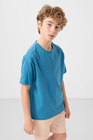 Petrol Mavi Pamuklu Yumuşak Dokulu Oversize Basic Erkek Çocuk T-Shirt - 11297