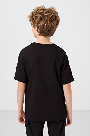 Siyah Pamuklu Yumuşak Dokulu Oversize Baskılı Erkek Çocuk T-Shirt - 11301