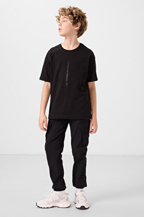 Siyah Pamuklu Yumuşak Dokulu Oversize Baskılı Erkek Çocuk T-Shirt - 11301