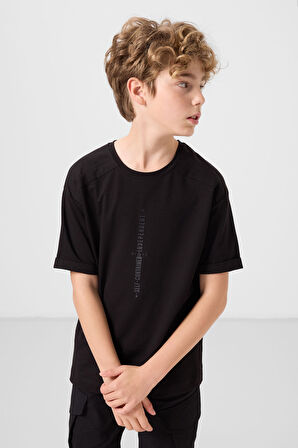 Siyah Pamuklu Yumuşak Dokulu Oversize Baskılı Erkek Çocuk T-Shirt - 11301
