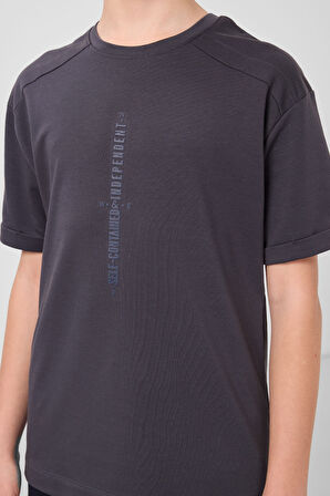 Antrasit Pamuklu Yumuşak Dokulu Oversize Baskılı Erkek Çocuk T-Shirt - 11301