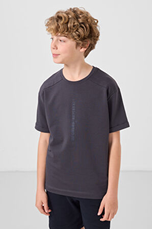 Antrasit Pamuklu Yumuşak Dokulu Oversize Baskılı Erkek Çocuk T-Shirt - 11301