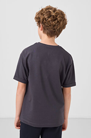 Antrasit Pamuklu Yumuşak Dokulu Oversize Baskılı Erkek Çocuk T-Shirt - 11301