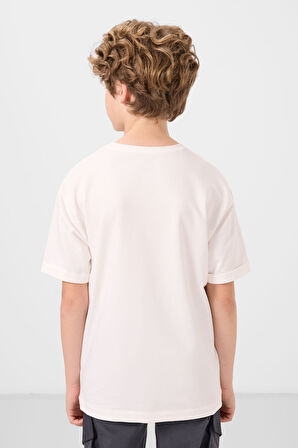 Ekru Pamuklu Yumuşak Dokulu Oversize Baskılı Erkek Çocuk T-Shirt - 11301
