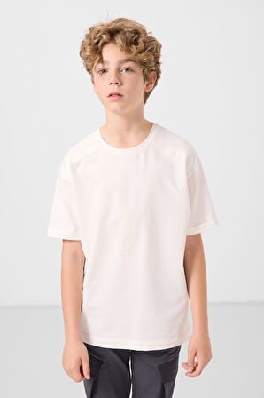 Ekru Pamuklu Yumuşak Dokulu Oversize Baskılı Erkek Çocuk T-Shirt - 11301