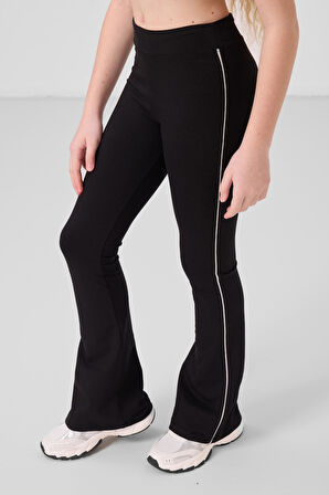 Taş-Siyah Pamuklu O Yaka Standart Fit Basic İspanyol Paça Kız Çocuk Tayt Takım - 75192