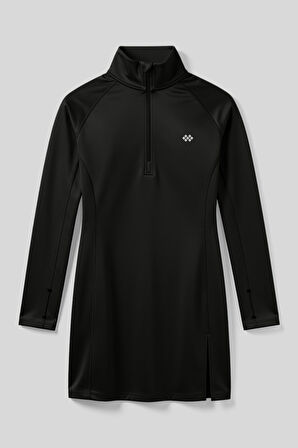 Siyah Yarım Fermuarlı Dik Yaka Standart Kalıp Kadın Sporcu Tunik - 97309