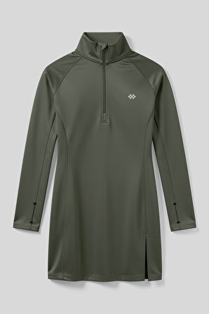 Haki Yarım Fermuarlı Dik Yaka Standart Kalıp Kadın Sporcu Tunik - 97309