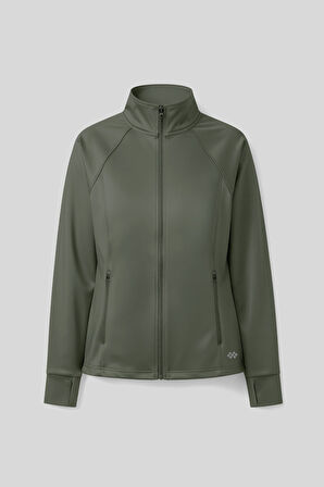 Haki Fermuarlı Dik Yaka Basic Rahat Form Kadın Koşu Ceketi - 97310