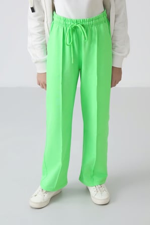 Neon Yeşil Cepli Ön Dikiş Detaylı Geniş Paça Kız Çocuk Eşofman Altı -75144