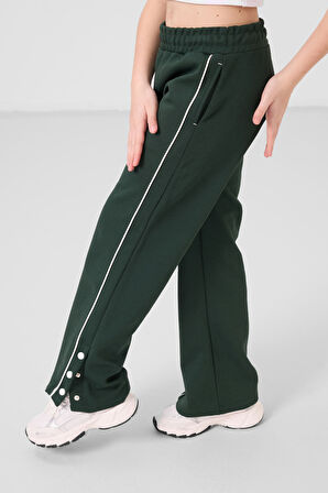 Çam Yeşili Geniş Paça Çıt Çıt Detaylı Kız Çocuk Palazzo Pantolon - 75199