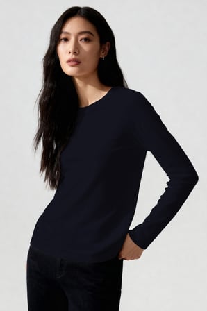 Lacivert O Yaka Standart Fit Uzun Kollu Basic Kadın T-Shirt - 97312