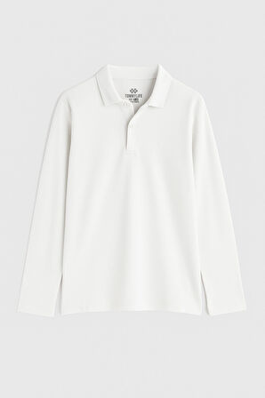 Beyaz Polo Yaka Basic Uzun Kollu Erkek Çocuk T-Shirt - 11170