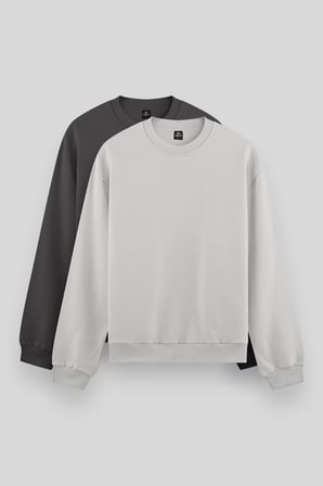 Standart Fit Basic O Yaka 2li Paket Koyu Gri-Taş Erkek Sweatshirt - 88053
