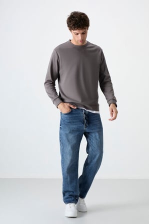 Standart Fit Basic O Yaka 2li Paket Koyu Gri-Taş Erkek Sweatshirt - 88053